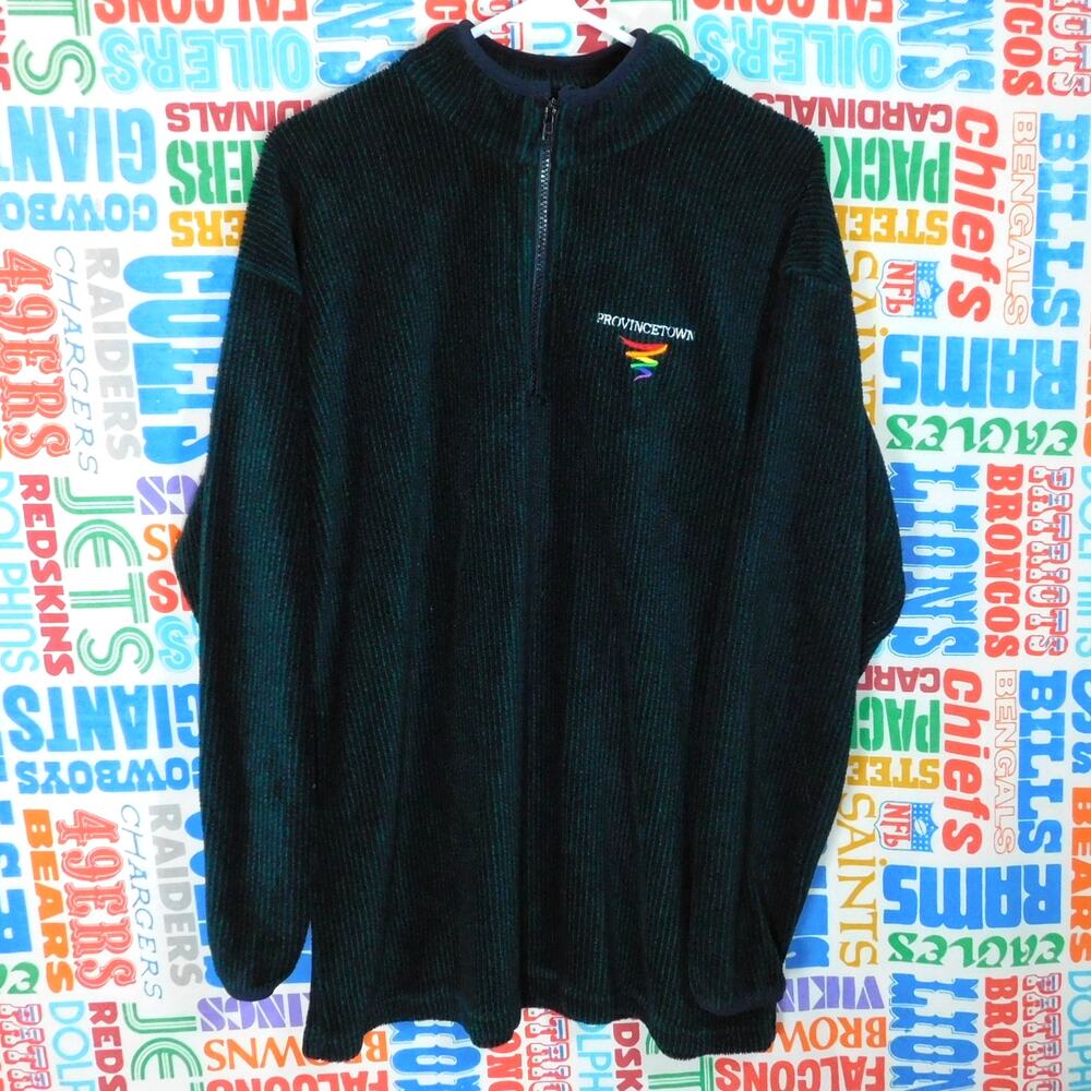 Vintage Provincetown MA Quarter Zip Jacket Size L/XL Green Rainbow Ribbed Soft